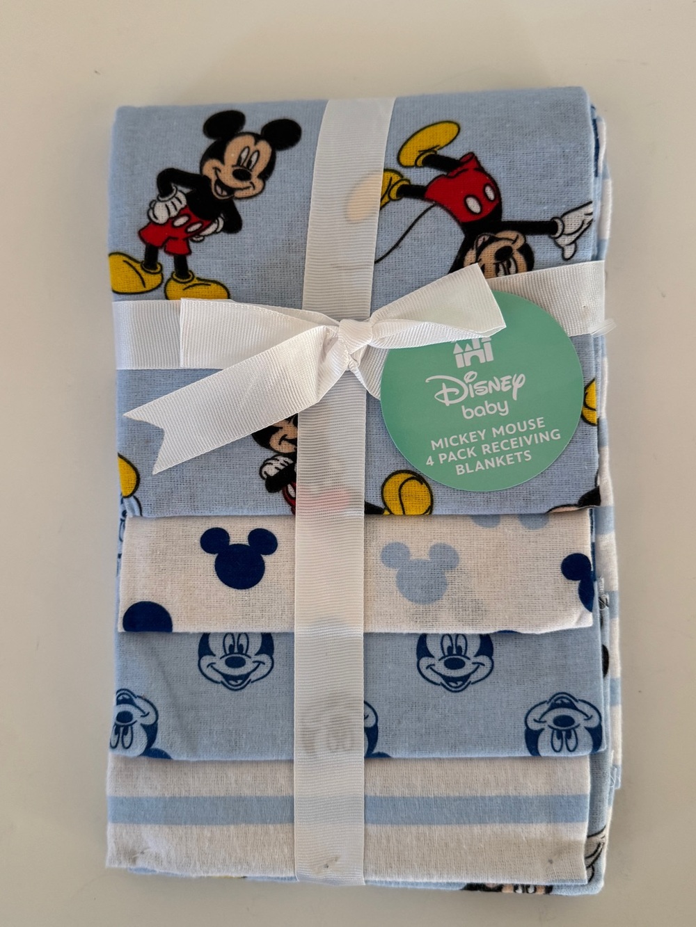Disney Baby Mickey Mouse Receiving Blanket Set - 4 Pack Light Blue and White NEW